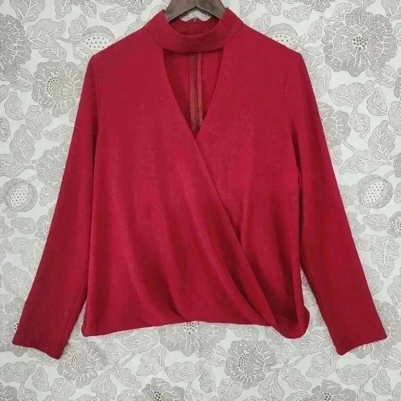 WAYF Mock Keyhole Long Sleeve Cut out Wrap Chiffon Blouse L - Picture 1 of 7